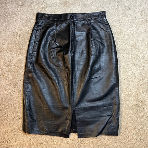 Vintage Leather Black Pencil Skirt 26" Waist High Waisted - Picture 2 of 16